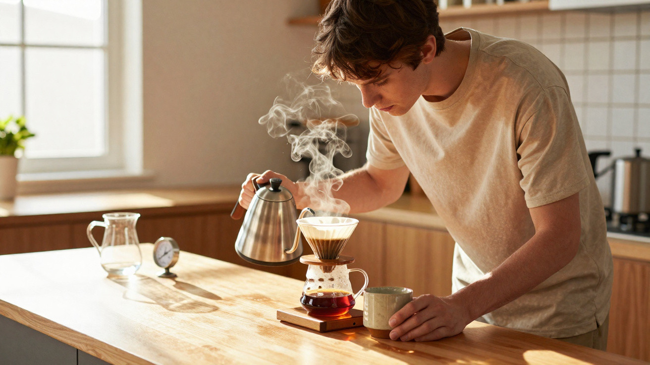 Homem preparando café coado em uma cafeteira de vidro com bule na cozinha iluminada.