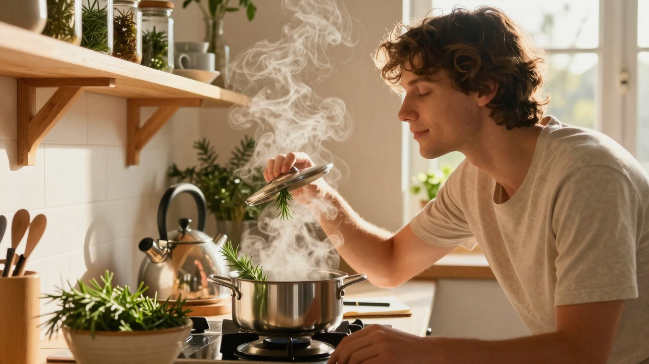 Homem cheirando ervas aromáticas em uma panela com vapor no fogão da cozinha iluminada pelo sol.