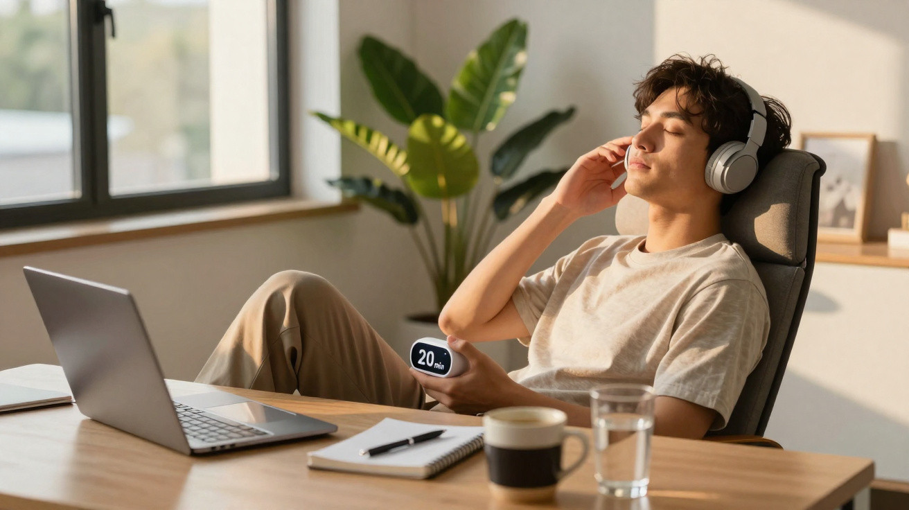 Jovem relaxando com fones de ouvido, segurando cronômetro de 20 minutos em ambiente de trabalho.