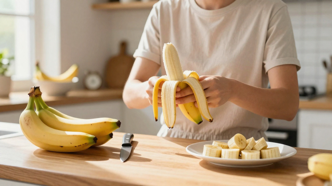 Pessoa descascando banana na cozinha com fatias de banana em prato e faca sobre a bancada de madeira.