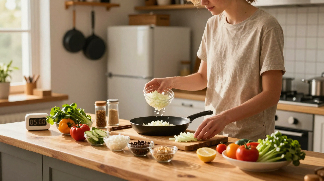 Pessoa colocando cebola picada em frigideira na cozinha com legumes e especiarias na bancada.