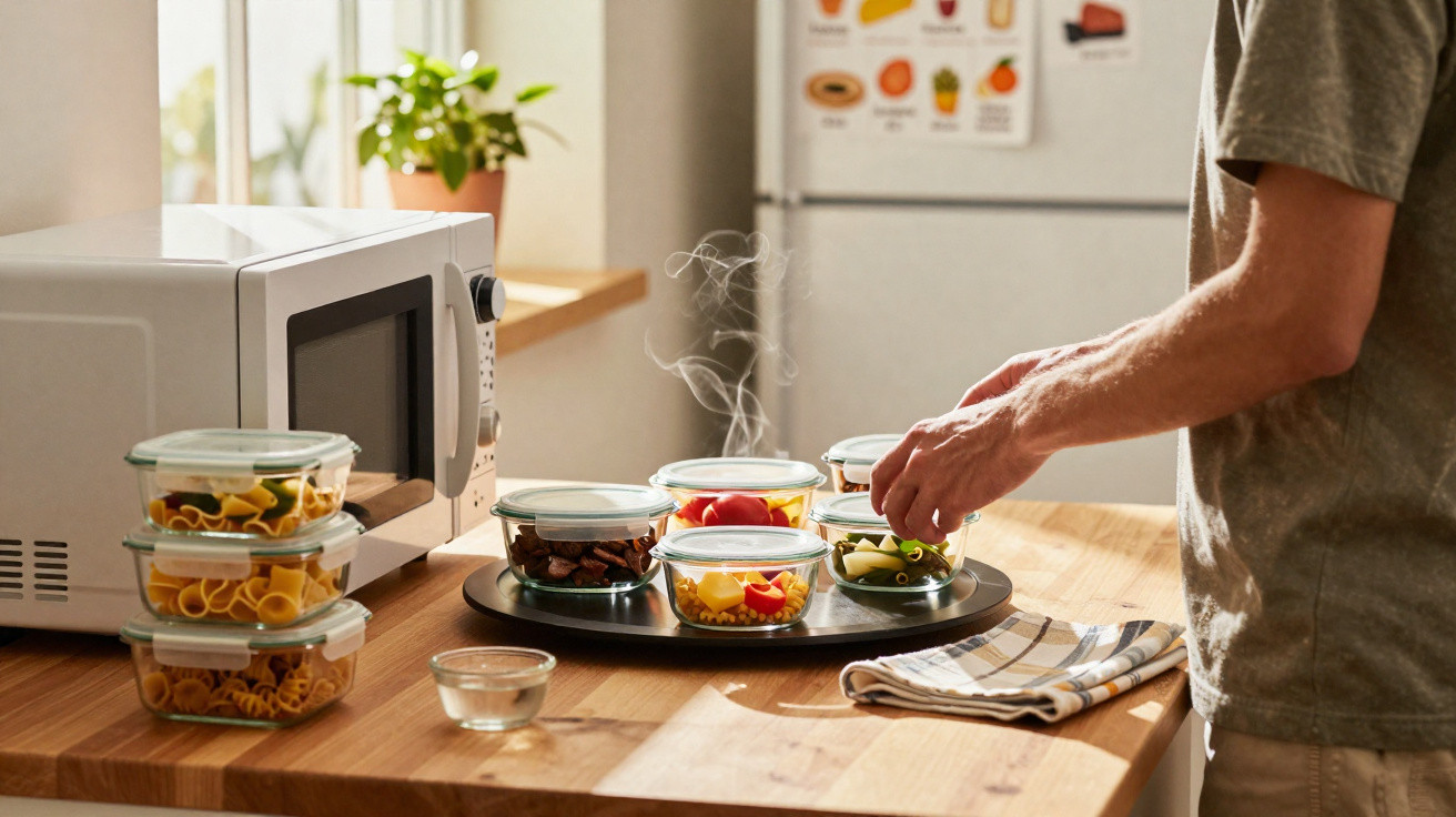 Pessoa organizando potes de vidro com alimentos em bancada de cozinha ao lado de micro-ondas.