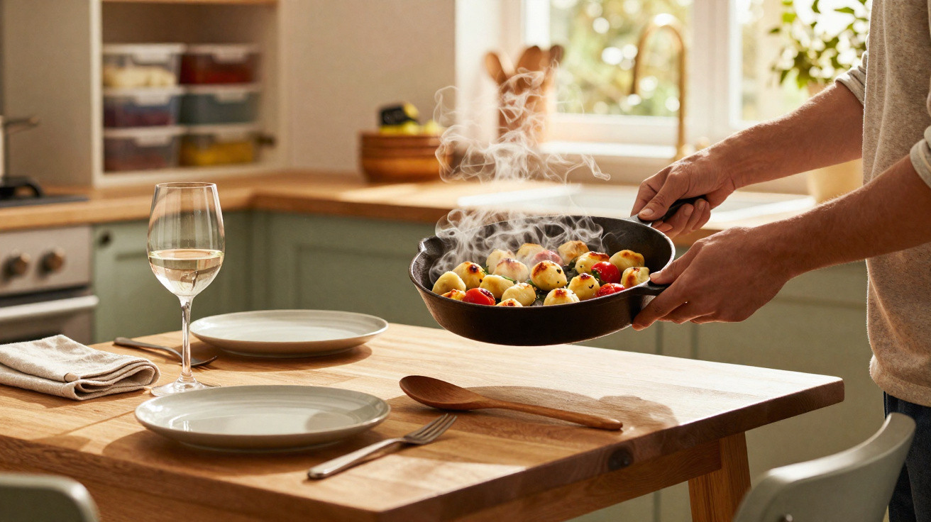 Pessoa servindo comida quente em frigideira para mesa com pratos e taça de vinho na cozinha iluminada.
