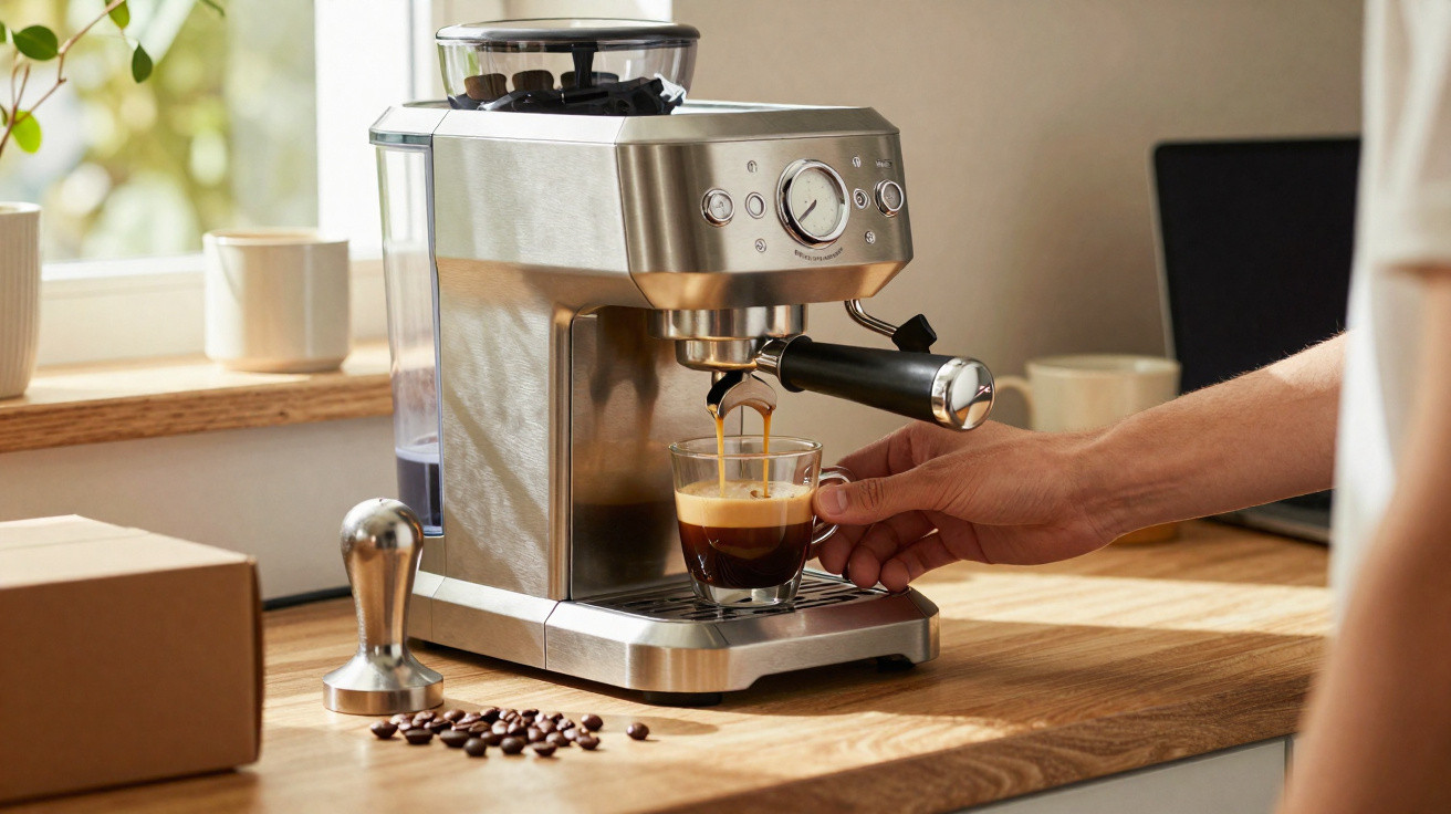 Máquina de café expresso extrai café em copo de vidro na bancada de cozinha iluminada.