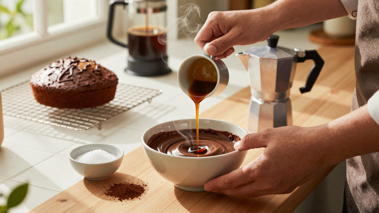Pessoa despejando café quente em uma tigela com chocolate derretido em uma cozinha iluminada.