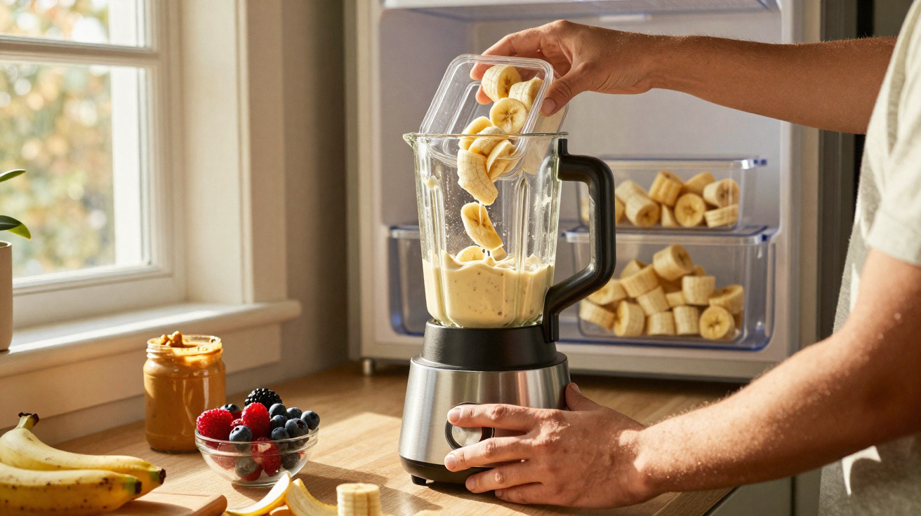 Pessoa colocando fatias de banana em liquidificador em cozinha iluminada com frutas e pote de pasta de amendoim sobre a banca