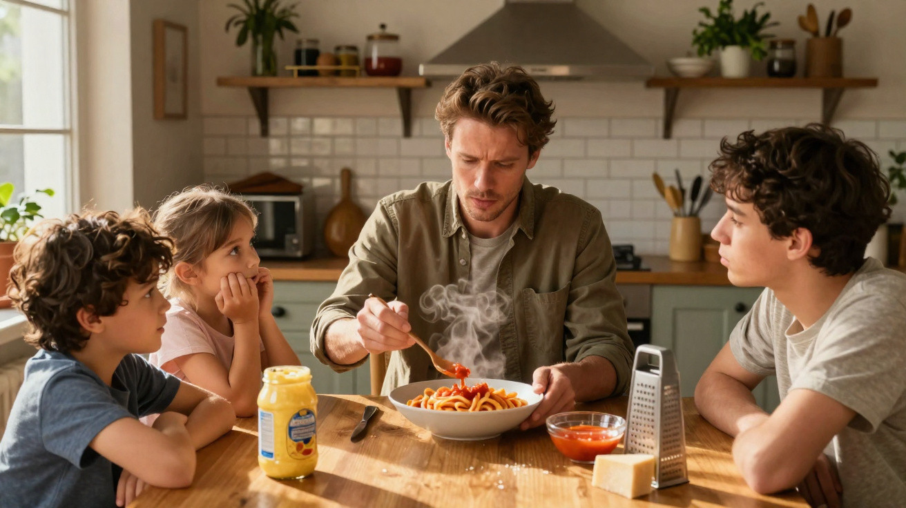 Homem serve macarrão quente para três crianças sentadas à mesa na cozinha iluminada.