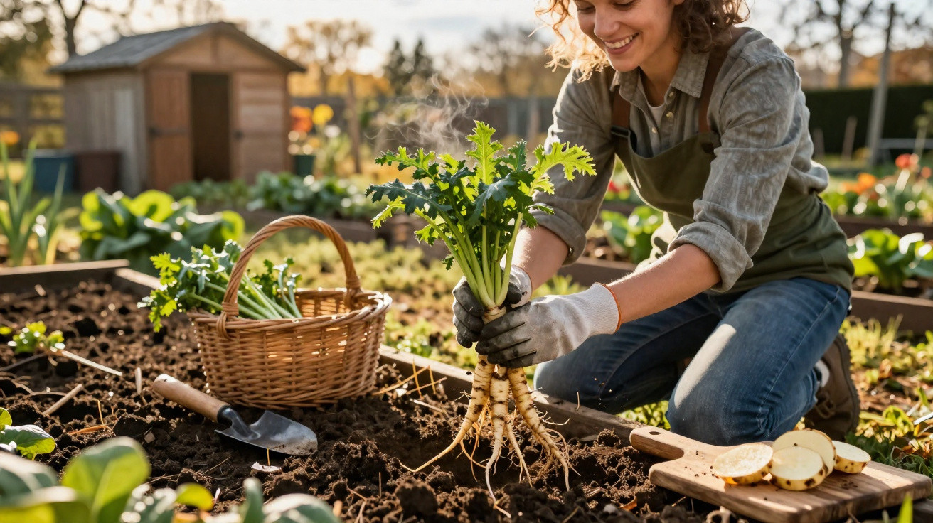 Mulher sorrindo colhendo raízes frescas em horta com cesta, pá e legumes ao redor.
