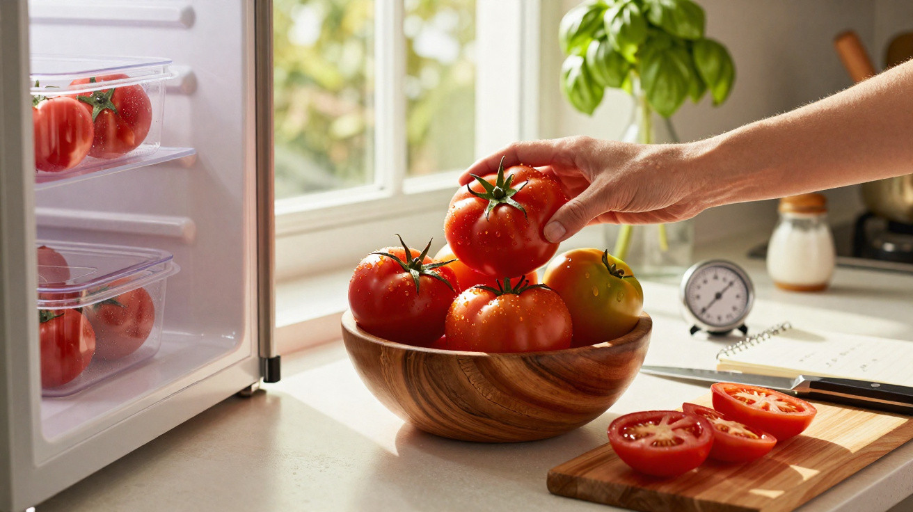 Mão pegando tomate em tigela de madeira ao lado de tomates cortados e geladeira aberta em cozinha iluminada.