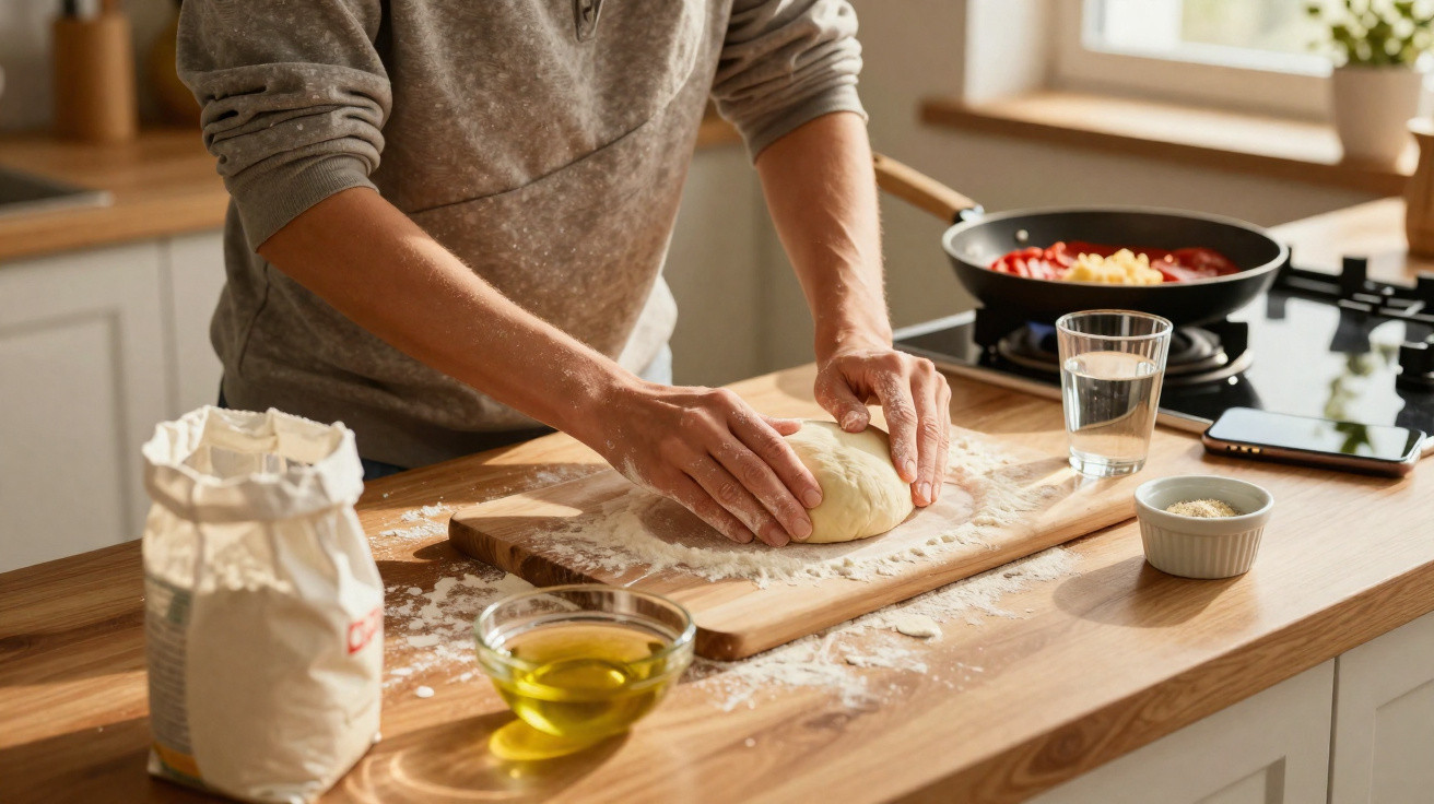 Pessoa amassando massa de pão em tábua na cozinha com ingredientes ao redor em bancada de madeira.