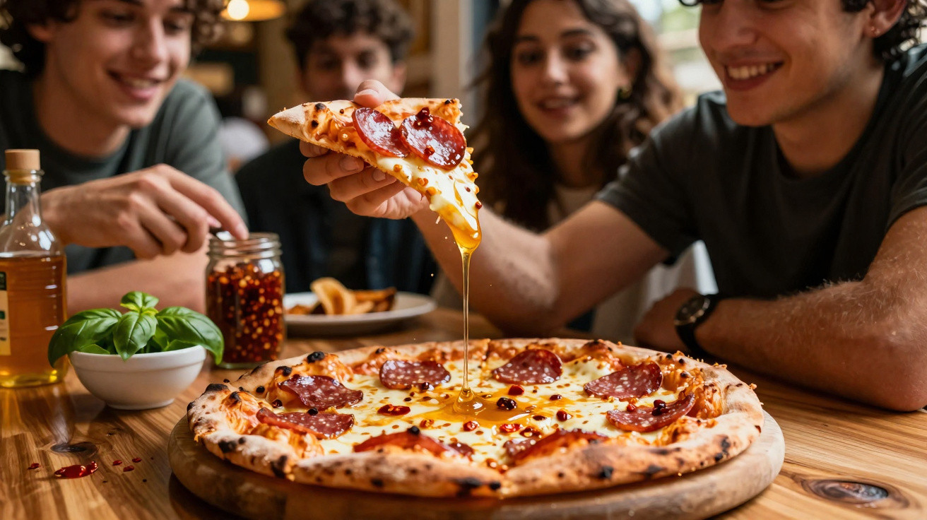 Jovens sorrindo e compartilhando pizza de calabresa com mel em uma mesa de madeira.