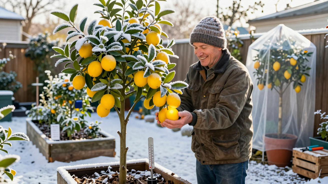 Homem sorridente colhendo frutas amarelas com geada em árvore cultivada em vaso no jardim coberto de neve.
