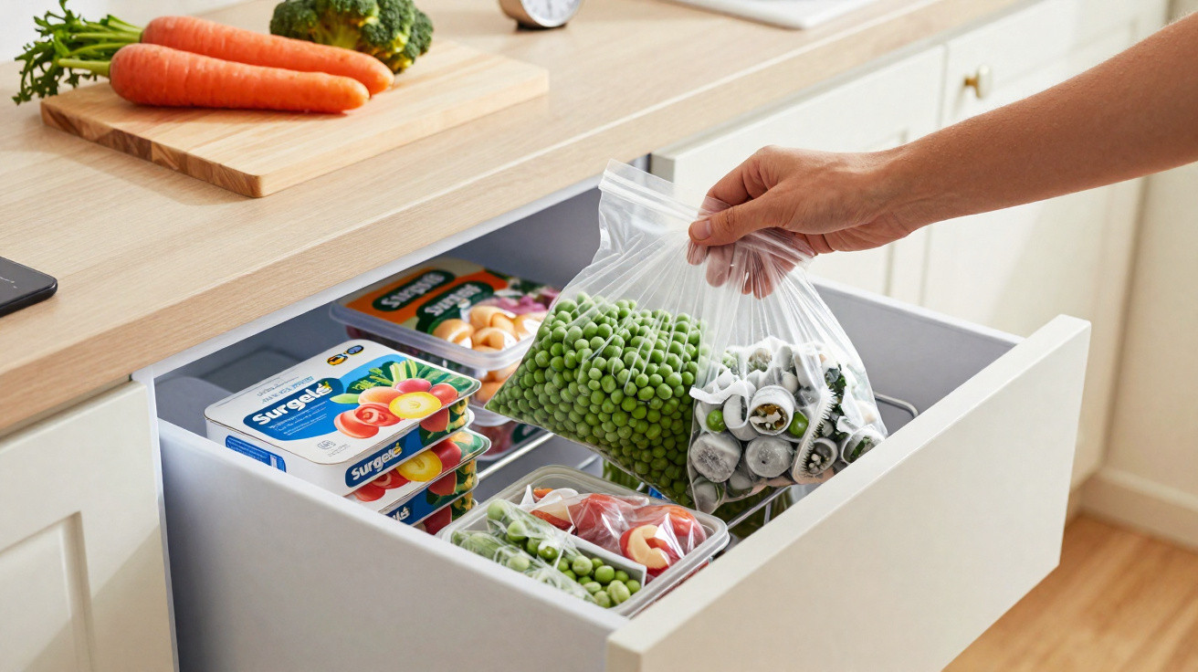 Mão segurando saco plásticos com ervilhas congeladas em gaveta de freezer organizada com legumes e alimentos.