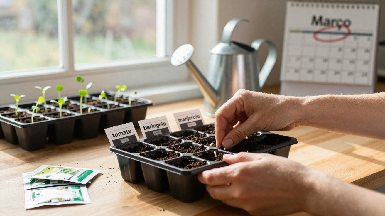 Mãos plantando sementes em bandeja de mudas com etiquetas e regador ao fundo em mesa próxima a janela.