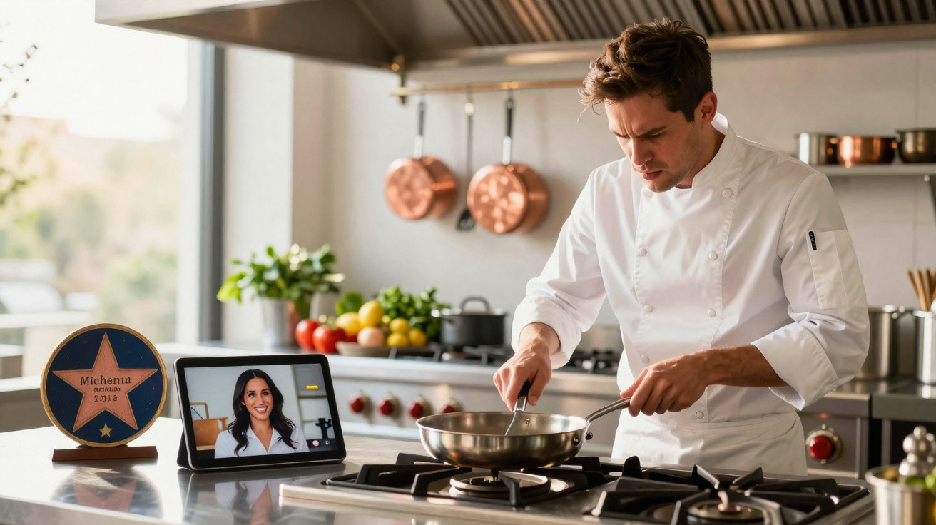 Chef masculino cozinhando em cozinha moderna enquanto assiste aula de culinária em tablet.
