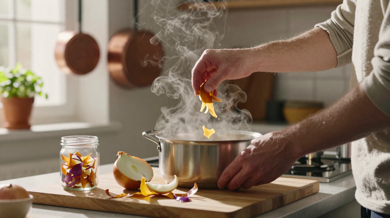 Pessoa adiciona cascas de vegetais em panela com vapor sobre fogão em cozinha iluminada pela luz natural.