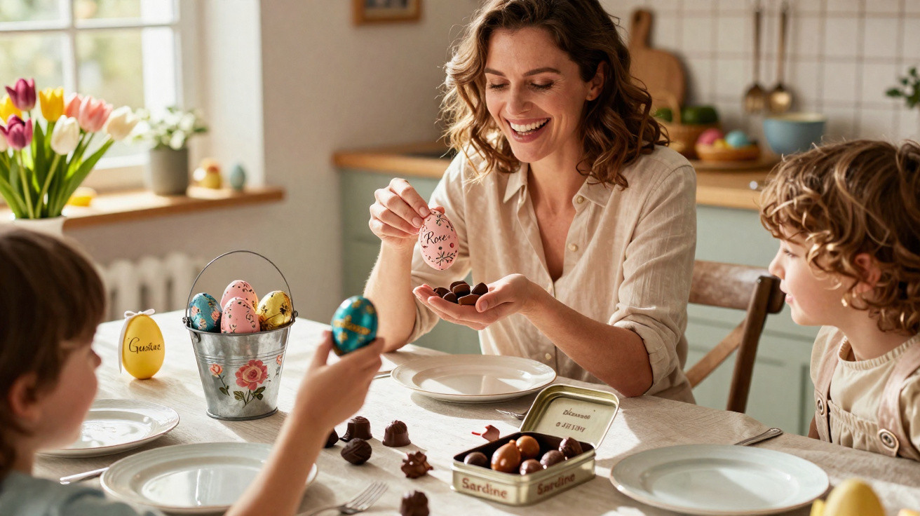 Mulher e crianças decoram ovos de Páscoa e comem chocolates na mesa de cozinha iluminada.