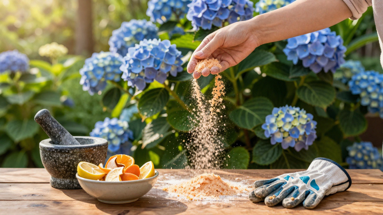 Mão espalhando fertilizante sobre mesa com luva, pilão, prato com frutas, e flores azuis ao fundo.