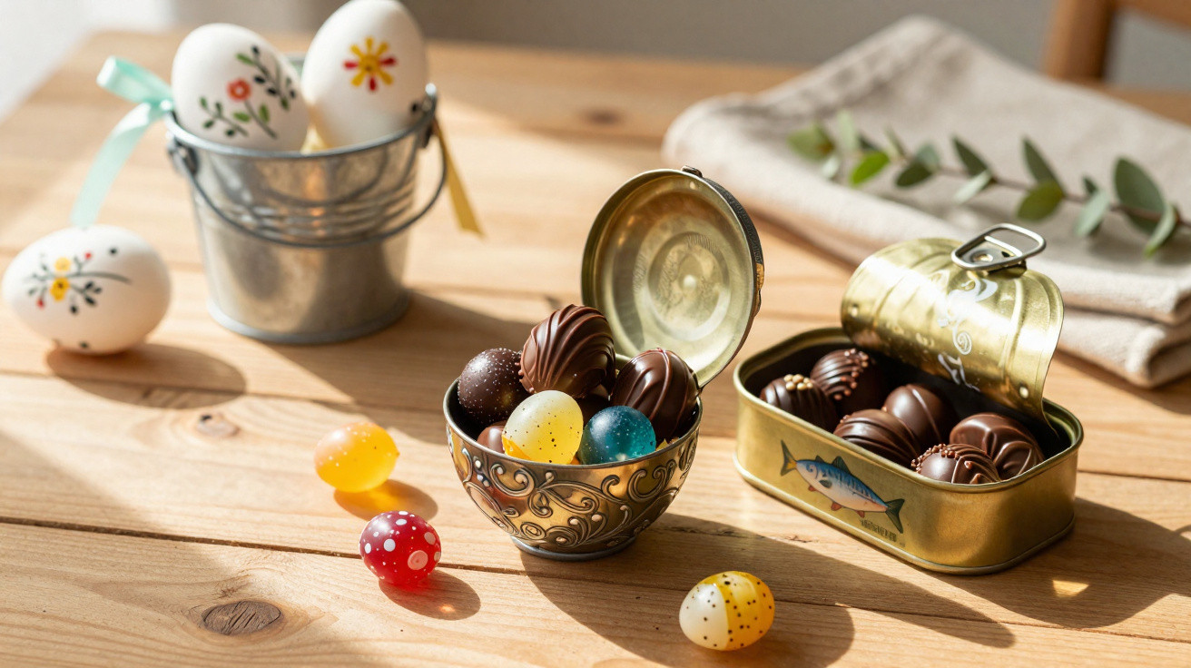 Ovos decorados e bombons coloridos em recipiente metálico sobre mesa de madeira clara.