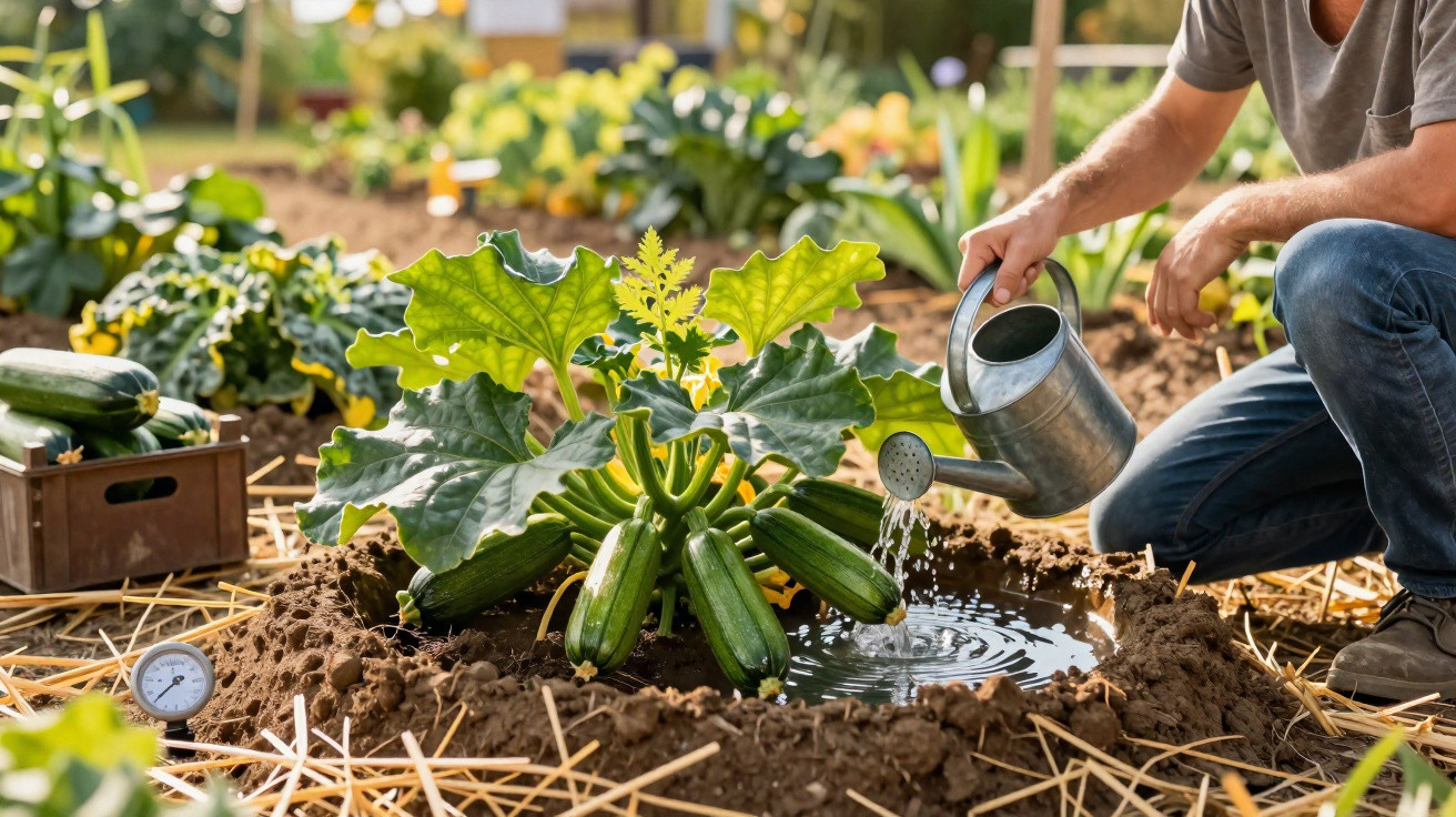 Pessoa regando planta com abobrinhas em horta orgânica com solo coberto por palha.