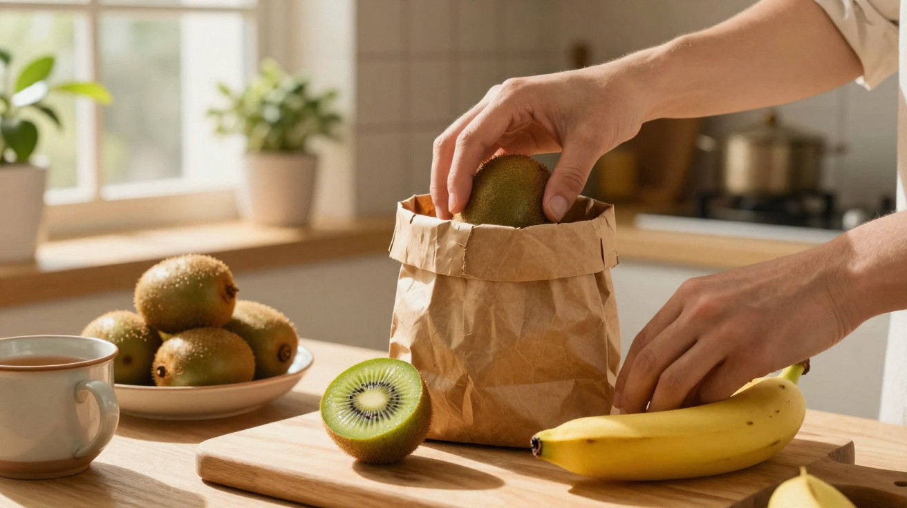 Mãos colocando kiwi em saco de papel sobre bancada com banana, frutas e xícara em cozinha iluminada.