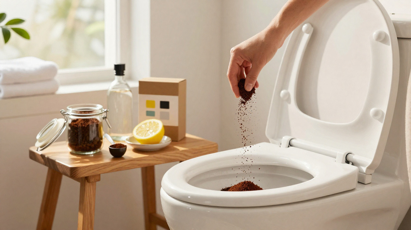 Pessoa despejando pó de café no vaso sanitário para limpeza, ao lado de mesa com limão e frascos.