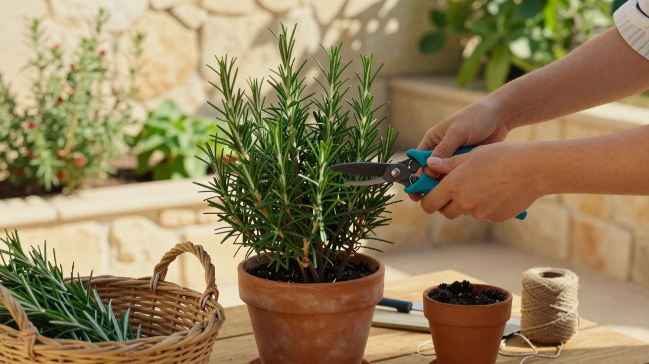 Pessoa podando ramo de alecrim em vaso de argila em ambiente externo com cesta e acessórios de jardinagem.