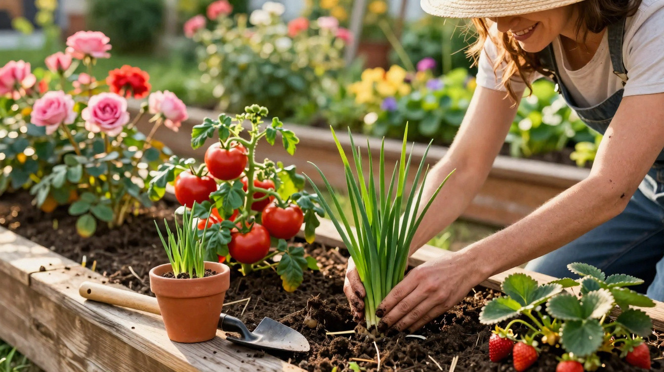 Mulher plantando ervas em canteiro com tomates, morangos e rosas em jardim ensolarado.