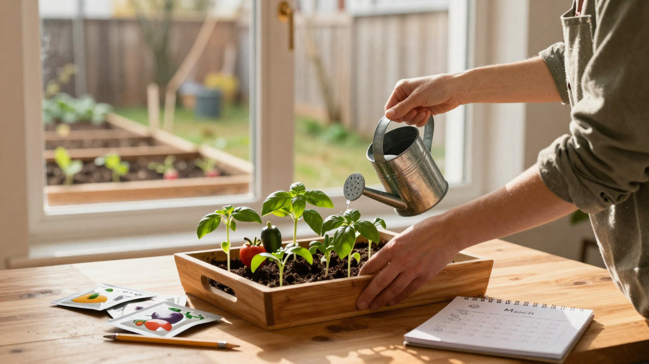 Pessoa regando mudas de plantas em um vaso de madeira próximo a janela iluminada pelo sol.