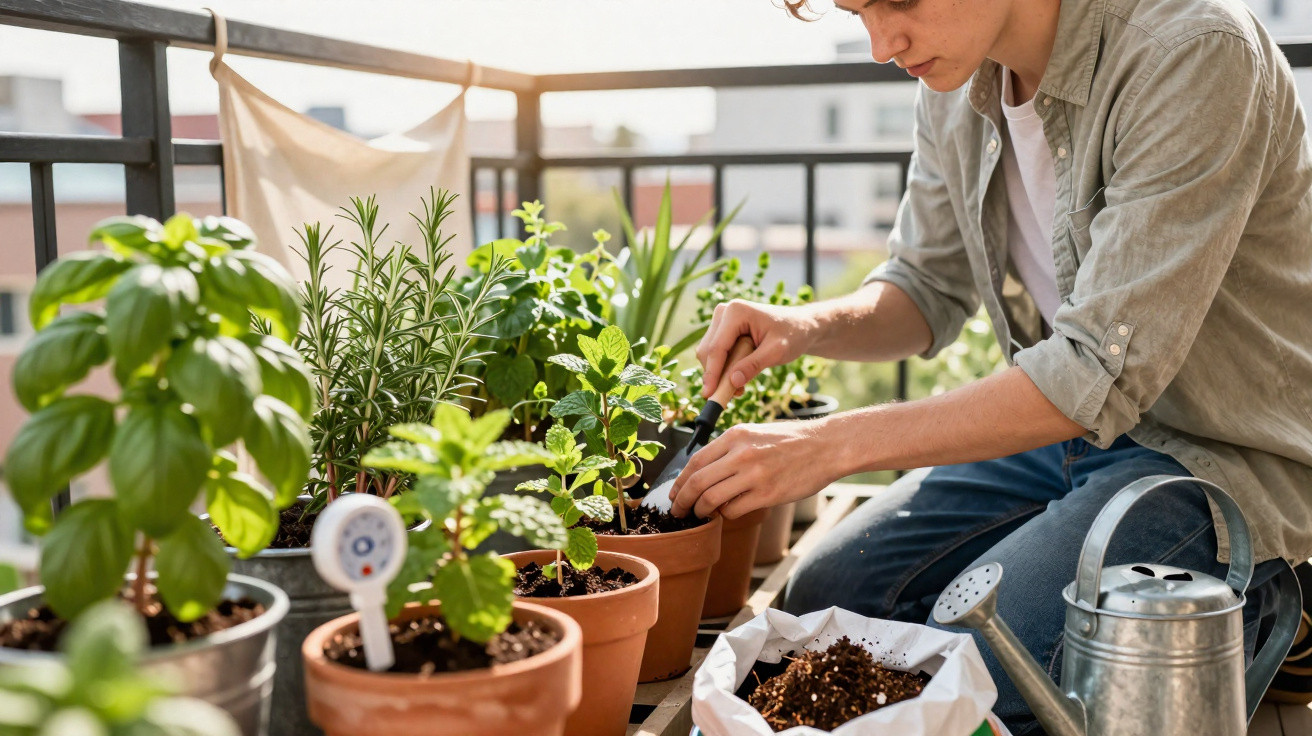 Pessoa cuidando de plantas em vasos na varanda ensolarada, com regador e ferramentas de jardinagem.