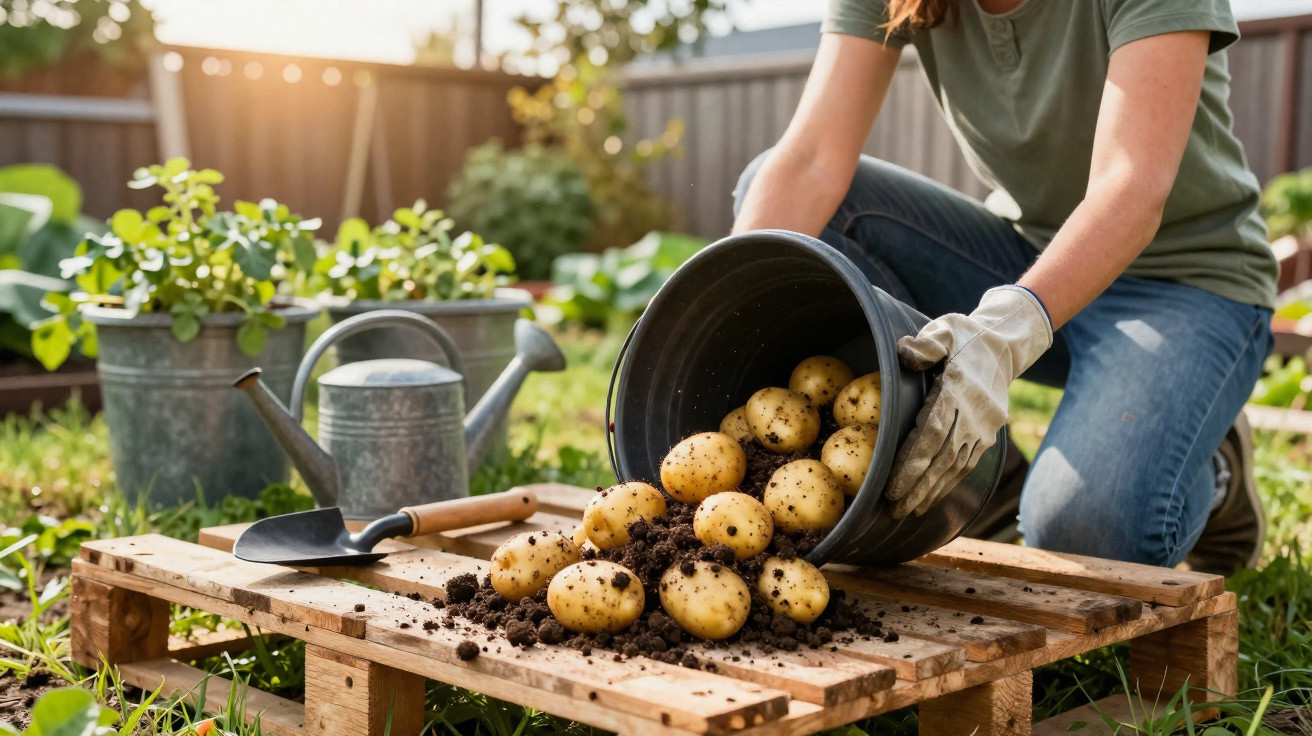 Pessoa com luvas vertendo batatas com terra de um balde sobre uma mesa de madeira em jardim ao ar livre.