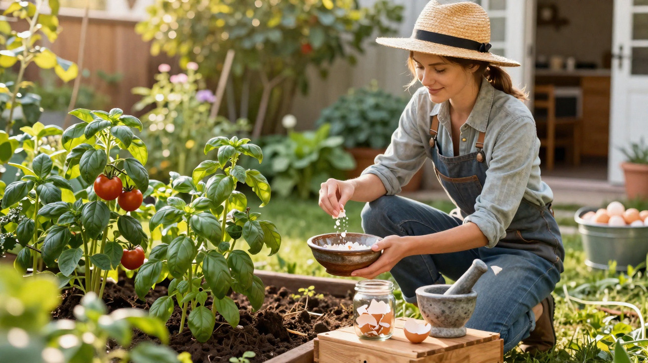 Mulher com chapéu plantando temperos orgânicos em horta caseira ensolarada no jardim.