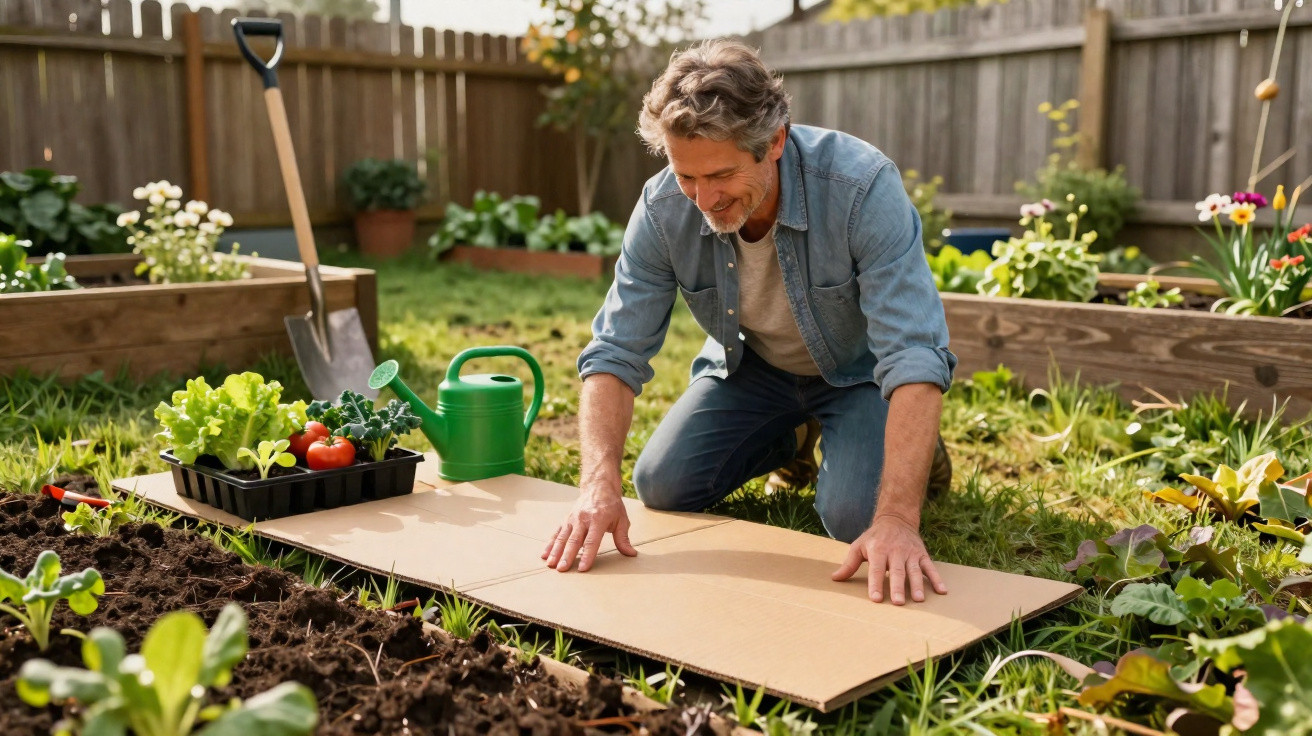 Homem ajoelhado preparando área de jardim com papelão, rodeado por plantas e ferramentas de jardinagem.