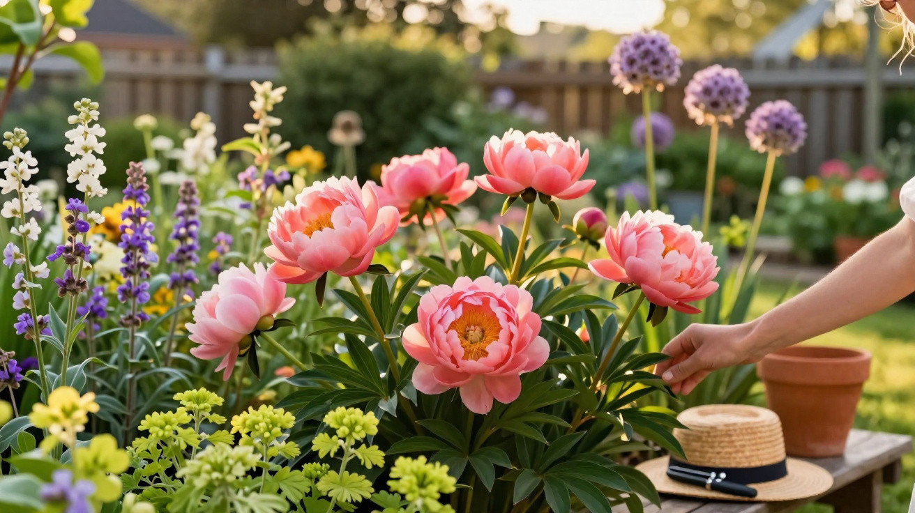 Flores coloridas em um jardim ensolarado, com mão tocando rosas cor de rosa.