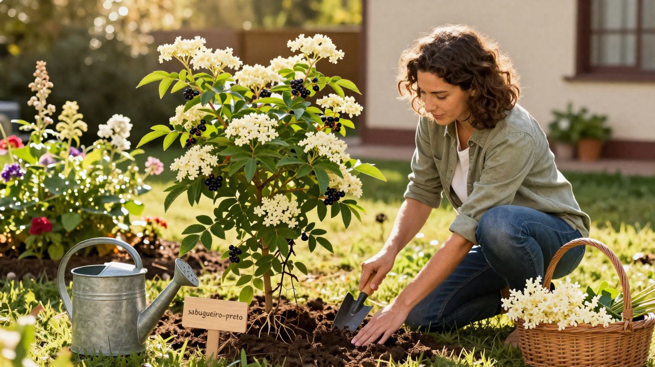 Mulher cuidando de planta de sabugueiro-preto em jardim ensolarado, com regador e cesta ao lado.