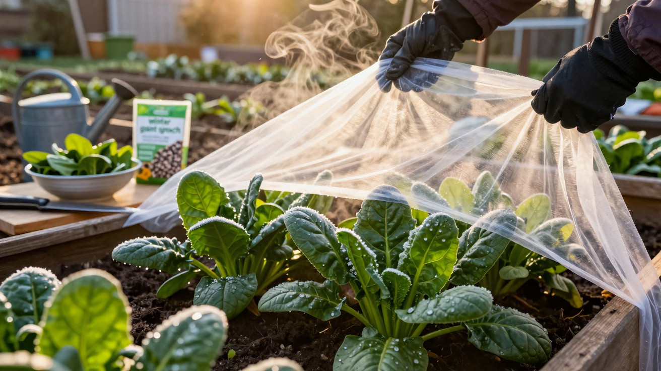 Pessoa com luvas transparentes removendo cobertura plástica de hortaliças verdes cultivadas em canteiros elevados ao sol.