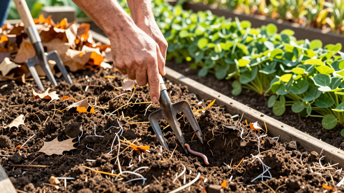 Mão usando garfo de jardinagem para cavar terra rica com minhoca em canteiro próximo a plantas verdes.