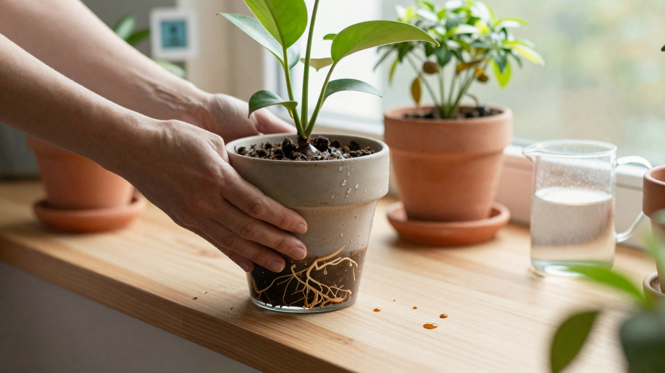 Mãos seguram vaso transparente com planta, mostrando raízes, sobre mesa perto de janela com outros vasos.