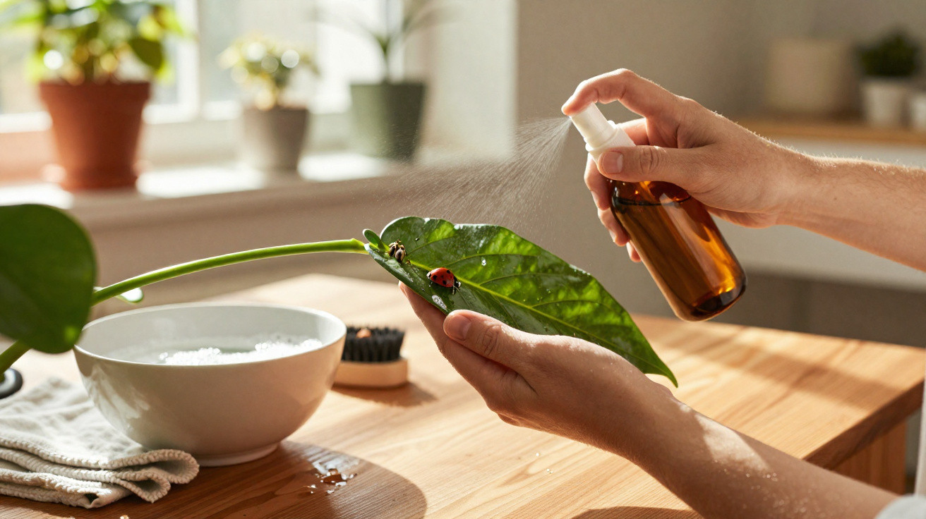 Pessoa borrifando planta com pulverizador em folha com joaninha sobre mesa de madeira.