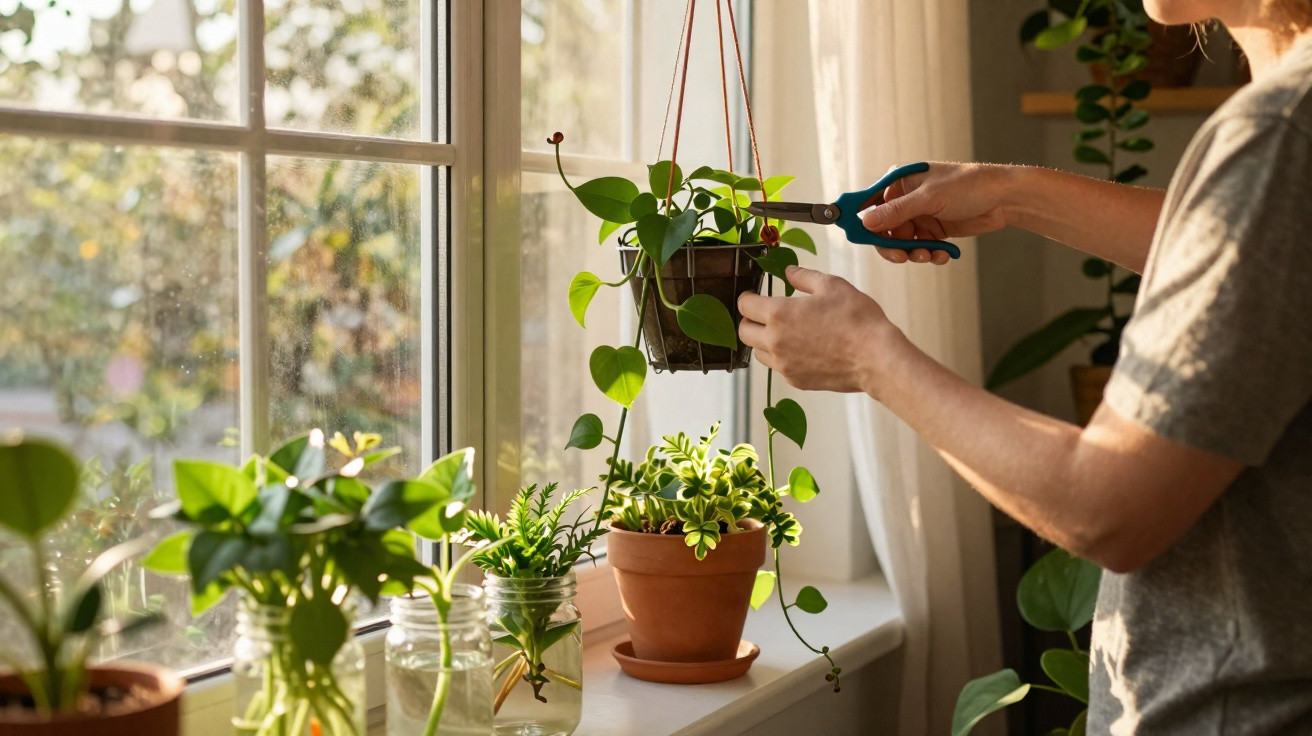Pessoa podando planta pendurada com tesoura em janela com outras plantas ao redor em casa.