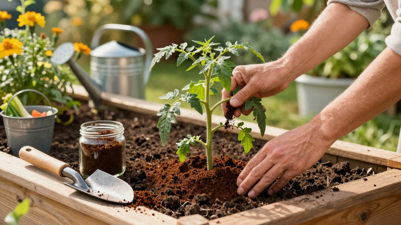 Pessoa plantando muda de tomate em canteiro de madeira com regador e flores ao fundo.