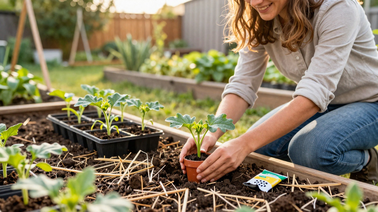 Mulher plantando muda em vaso pequeno em canteiro de jardim com outras mudas ao redor.