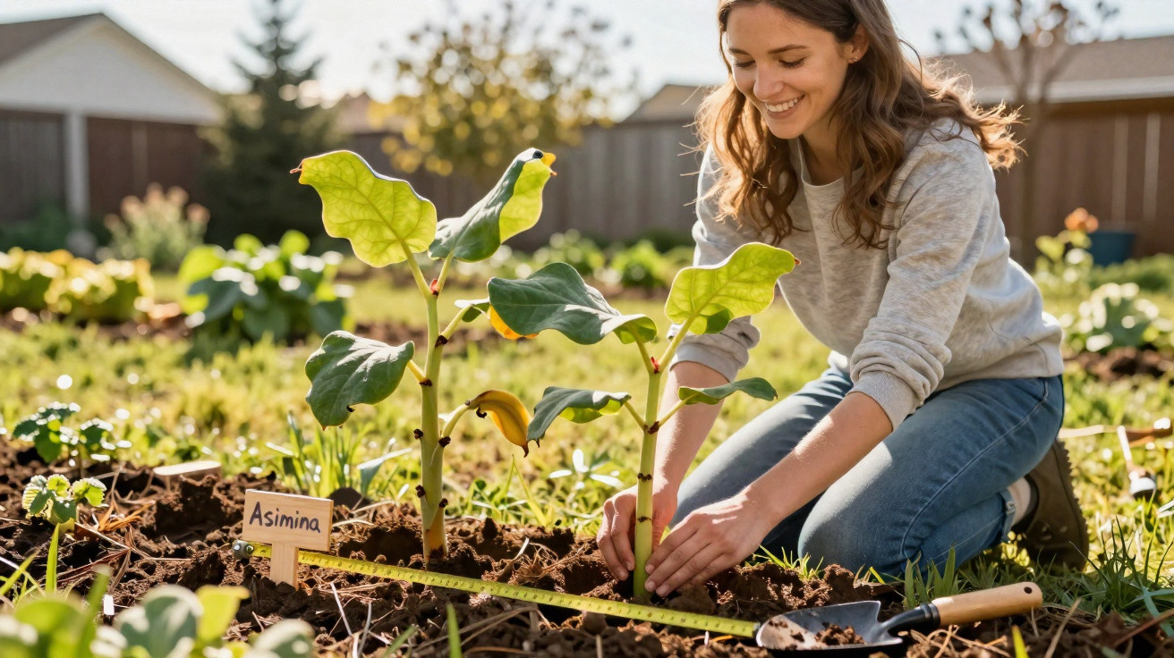 Mulher sorridente plantando mudas com plaquinha de identificação em jardim ao ar livre.