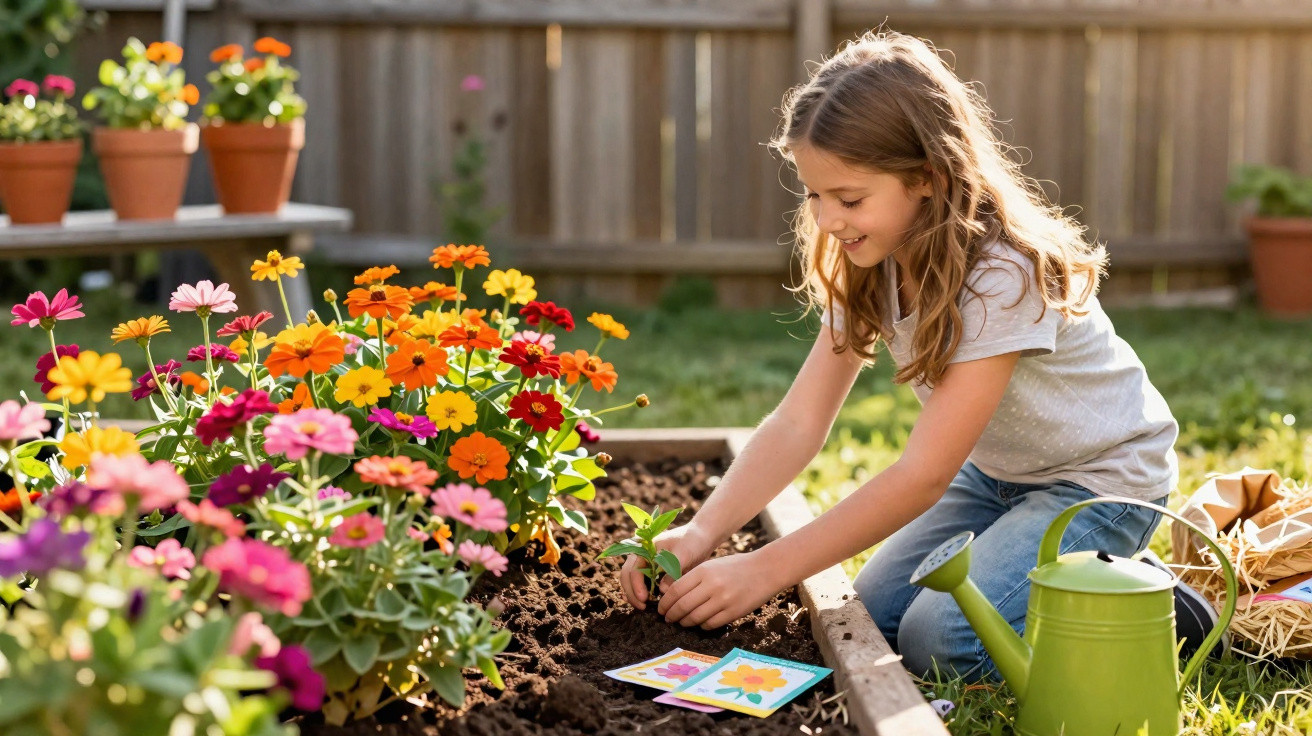 Menina sorridente plantando muda em canteiro no jardim com flores coloridas ao redor.