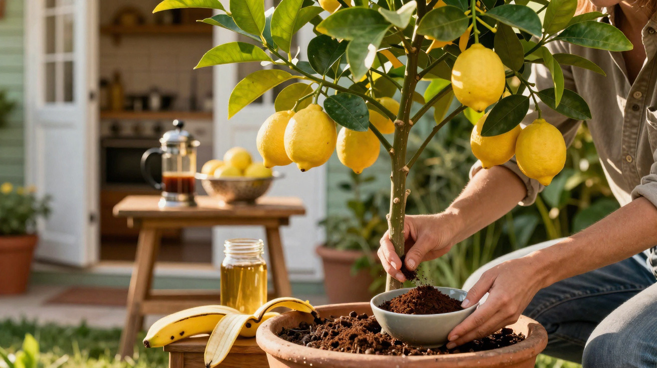 Pessoa cuidando de muda de limão em vaso no jardim com banana e mel ao lado, casa ao fundo.