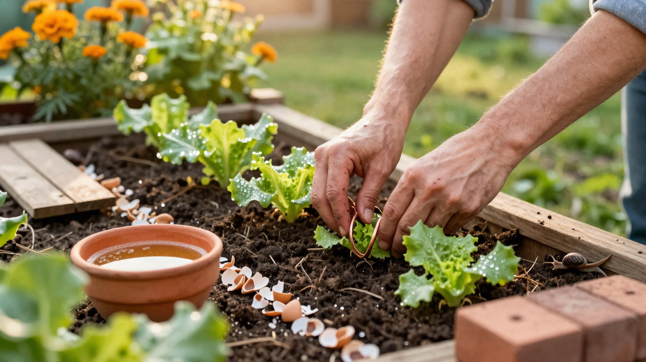 Mãos plantando mudas de alface em canteiro com cascas de ovo e vaso de barro com água.