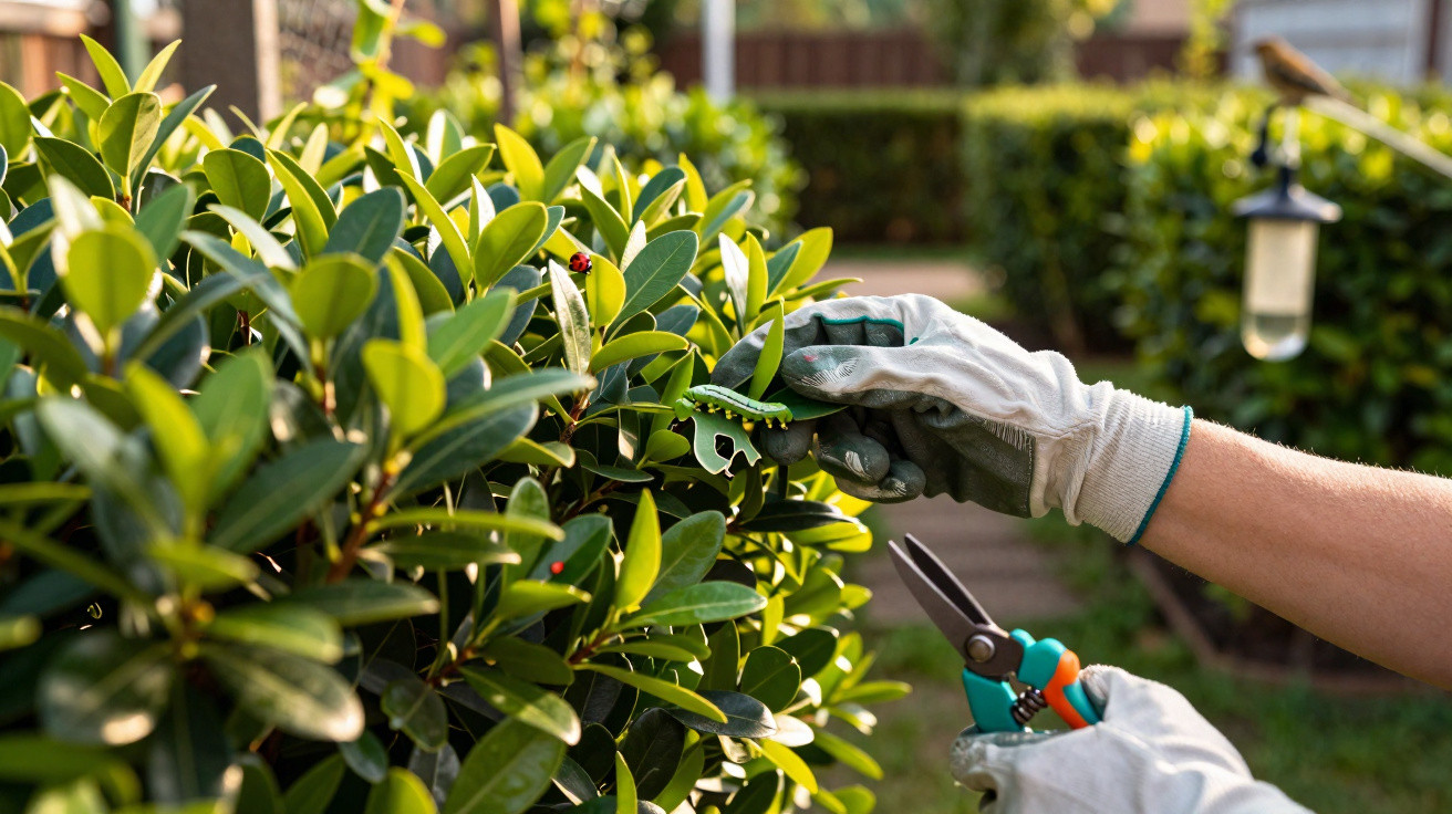 Pessoa com luvas podando arbusto verde com tesoura em jardim ensolarado.