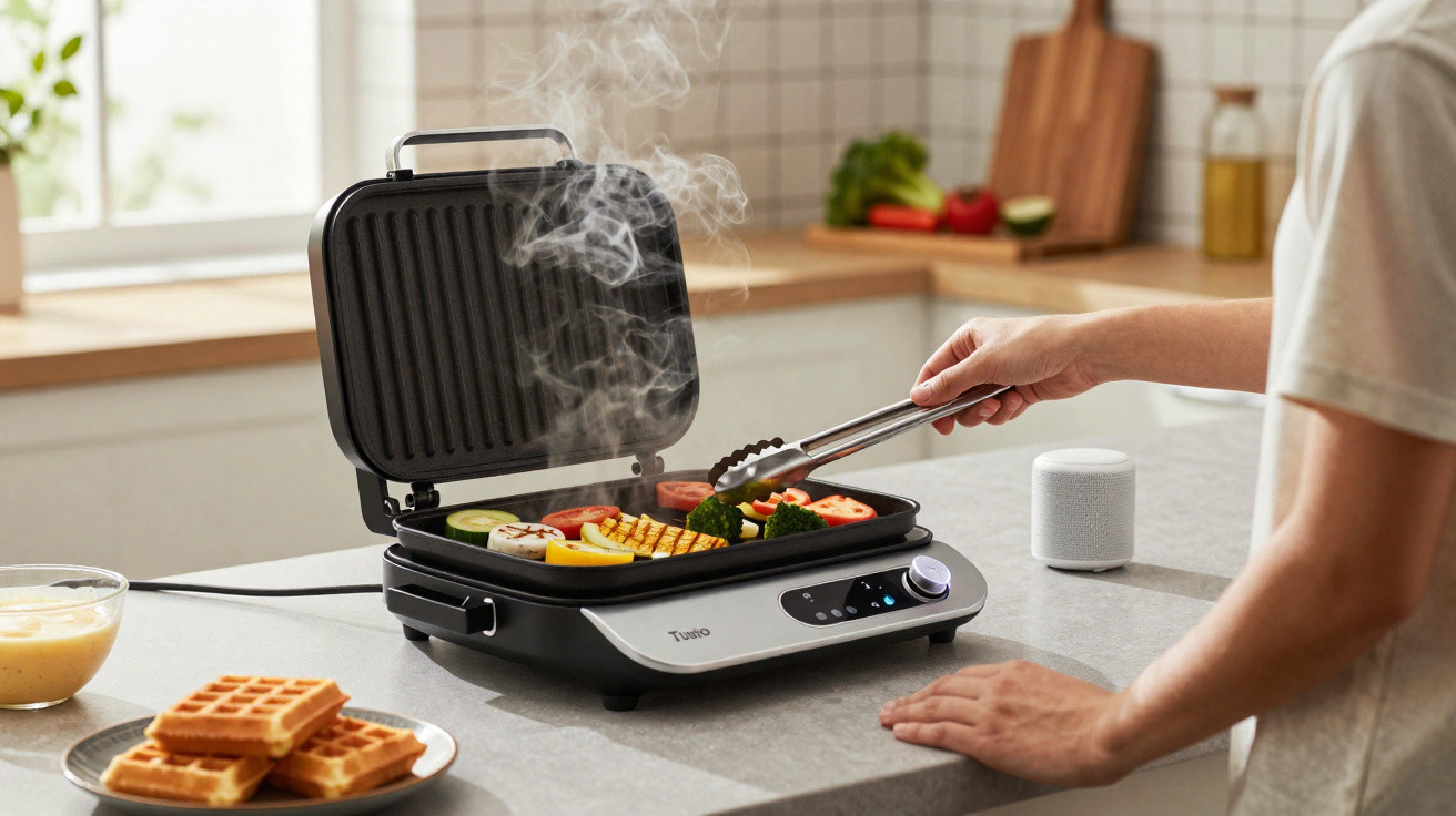 Pessoa preparando legumes grelhados em grill elétrico na cozinha com waffles ao lado.