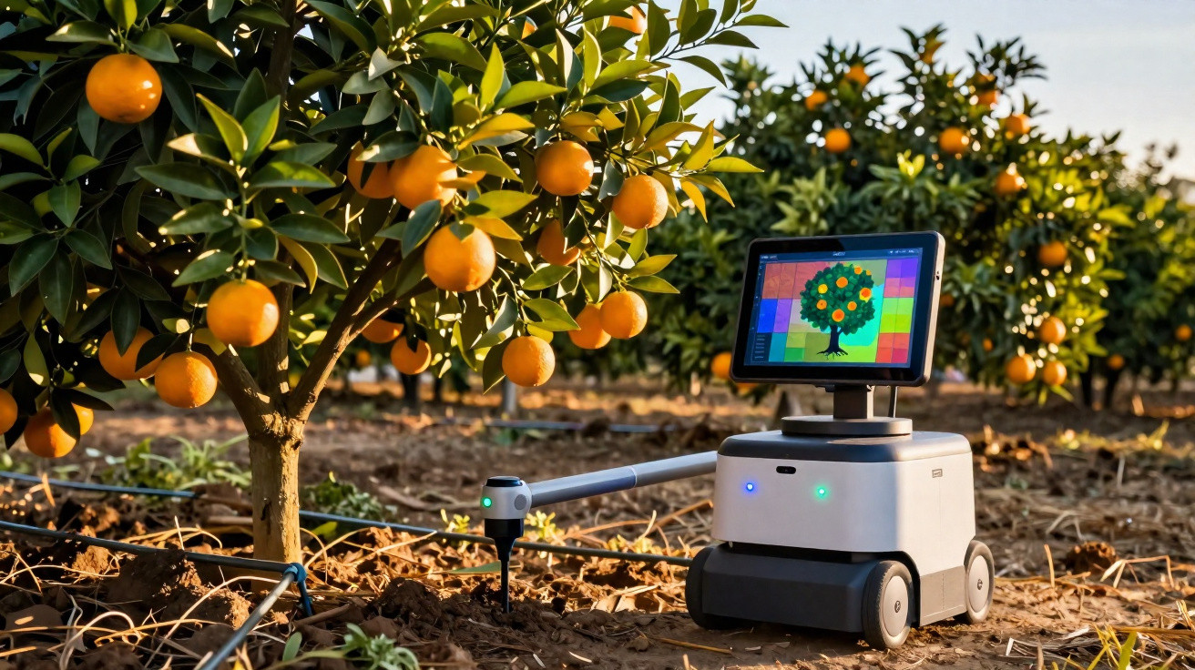 Robô agrícola com tela interativa monitorando laranjeira em pomar com irrigação por gotejamento.