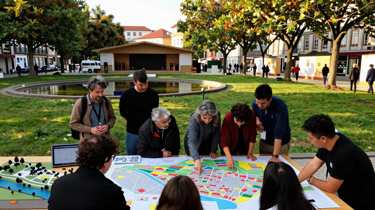 Grupo de pessoas analisando um mapa colorido em mesa ao ar livre em parque urbano.